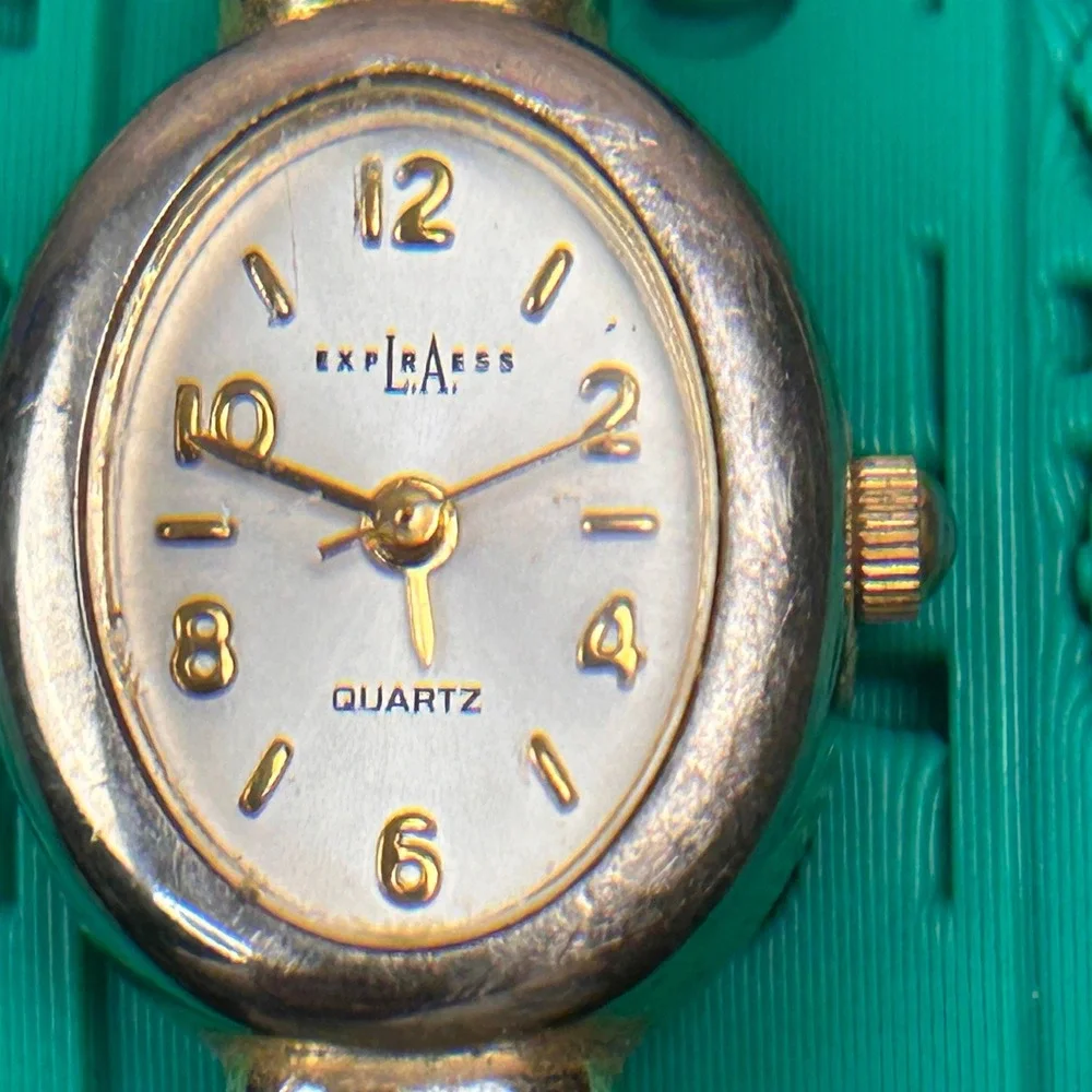LA Express LAX1350 Womens Oval Quartz Watch Silver Gold Tone Rhinestone Bracelet